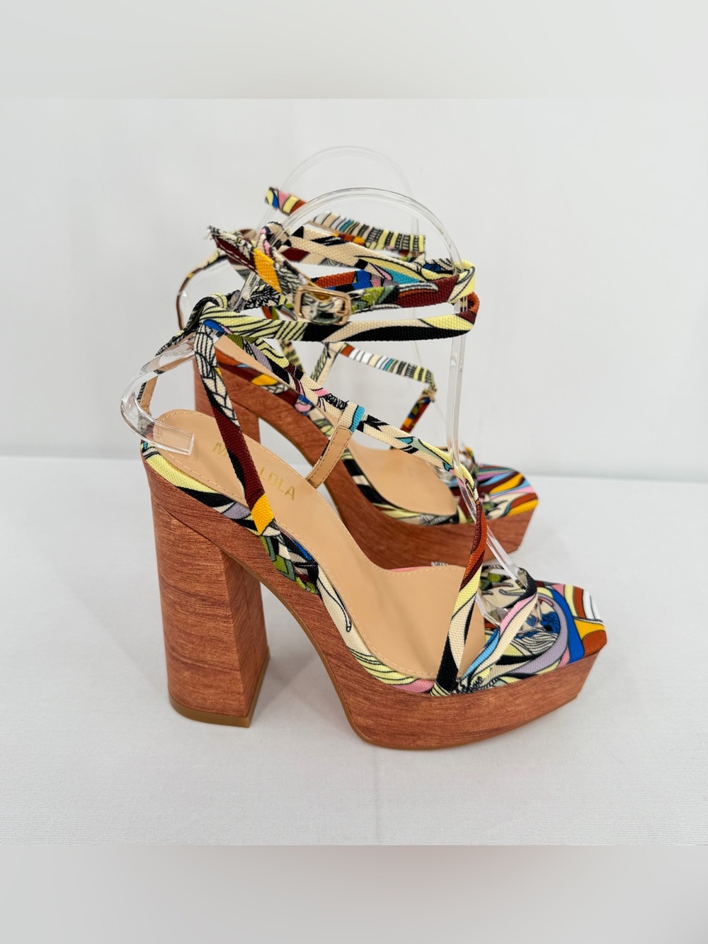Resort Platform faux wood Block Heel Sandals Multicolor Vacation Heels 6.5 - Picture 7 of 13